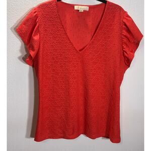 Michael Kors Coral Eyelet Lace Top XL V Neck Ruffle Sleeve Blouse Womens